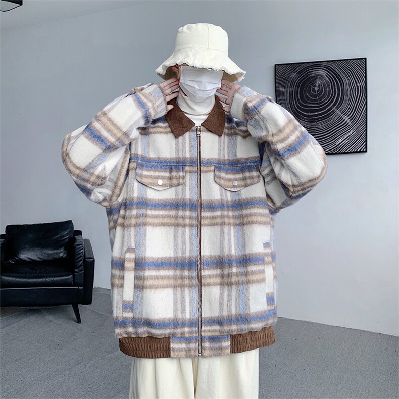 现货港风毛呢夹克男宽松格子呢子大衣外套DSA157B-J237-特P90图片