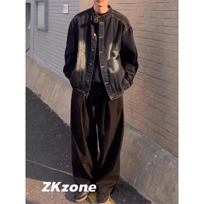 JK8970-P60ZKzone春季新款日系复古立领水洗牛仔外套单排扣休闲,男装工装外套,电商B323A