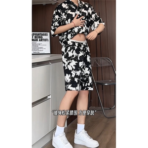 泼墨扎染短裤男短袖衬衫男套装男M-5XL大码TZ78715P50控98模特图图片