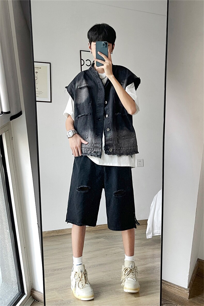 美式破洞牛仔马甲男款夏季潮牌无袖坎肩背心潮流翻领工装夹克外套,男装背心/马甲,星座505-2（原电商A260-1)