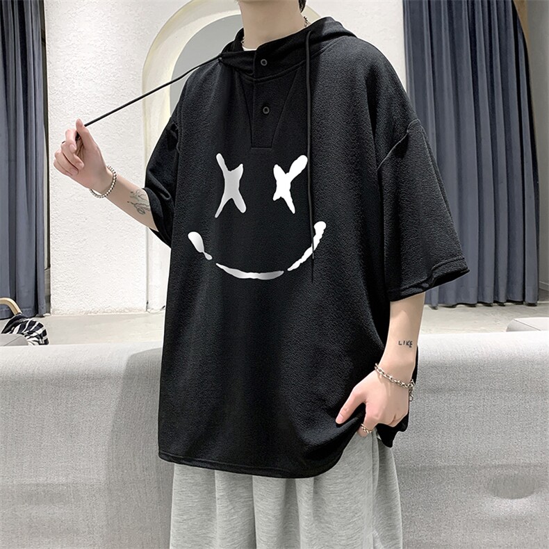 LD54190-P45 连帽短袖t恤男大码胖子带帽五分袖中袖 大皂风图片