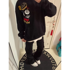 网图有货 美式黑八刺绣华棉连帽休闲宽松情侣卫衣男女 A778-P46图片