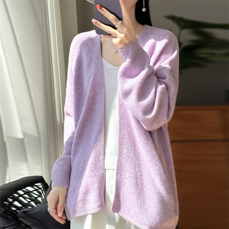 V领100%纯羊毛开衫女秋冬新款宽松慵懒风无扣羊绒衫针织外套毛衣,女装羊毛衫,冀清阳荣