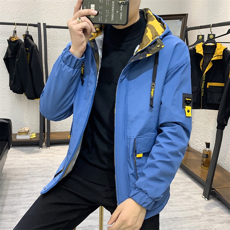 冬季挂拍棉服男加绒加厚夹克风衣迷彩外套工装连帽蓝色863加绒,男装棉衣,星座1207