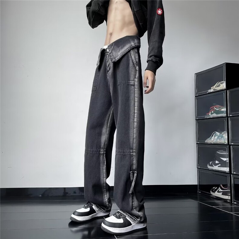 复古扎染工装牛仔裤男美式街头嘻哈痞帅宽松阔腿裤Y9099-P55，男装牛仔裤，星座1109-3