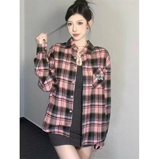 粉色格子衬衫女休闲上衣宽松型五分袖常规款翻领常规开衫C59，男装T恤，星座1116A（原606A-3）