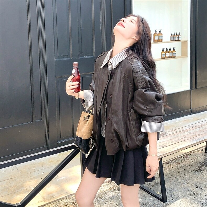 条纹拼接短款皮衣外套女秋季2025新款洋气休闲皮夹克，女装皮衣，浙宝113