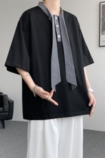 T10136-特批35控68新款小众夏季短袖撞色拼接双纱面料大码T恤，男装T恤，电商A059