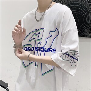 潮流原创设计款字母印花短袖T恤大码宽松男潮517A-1-T912-P28控38图片