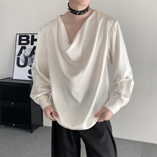 小众不对称男女米色衬衫印花复古上衣套头长袖打底演出男女中性风，男装T恤，星座909