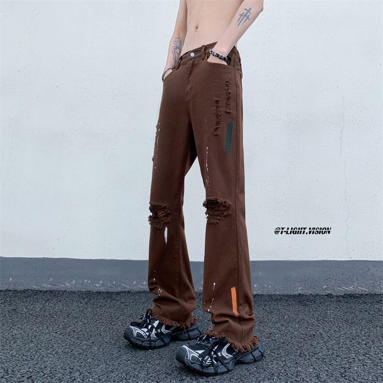 B221美式ins高街暗黑喷墨休闲破洞微喇牛仔裤LK23088-P65控88,男装牛仔裤,电商B221