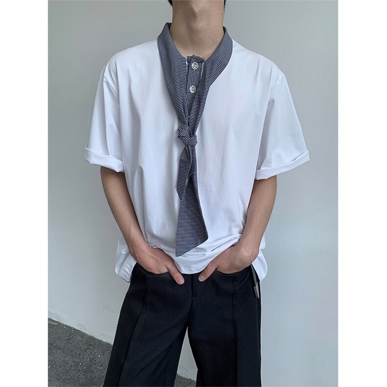 航海家夏季松弛感飘带丝巾领拼接短袖polo衫男百搭宽松领带T恤，男装Polo衫，星座506A