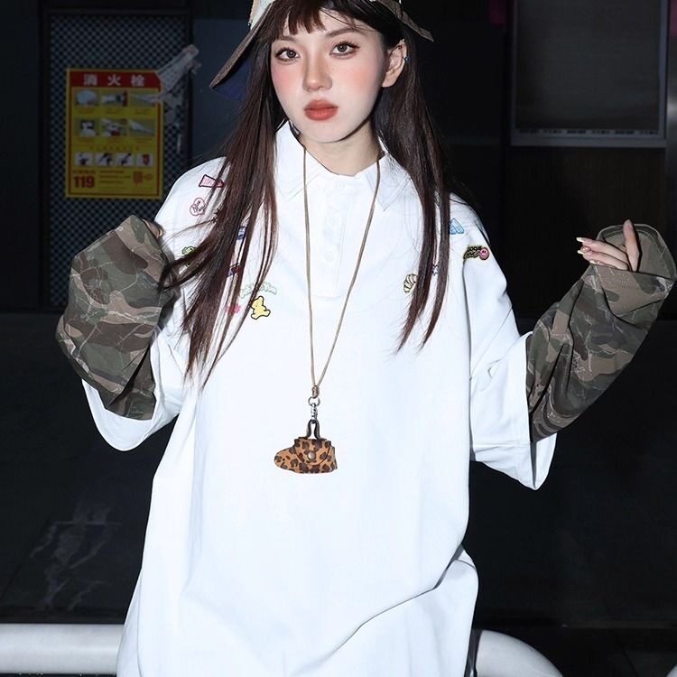 美式复古卡通印花拼接迷彩长袖polo衫假两件春秋季情侣学院风卫衣,男装卫衣,星座506A