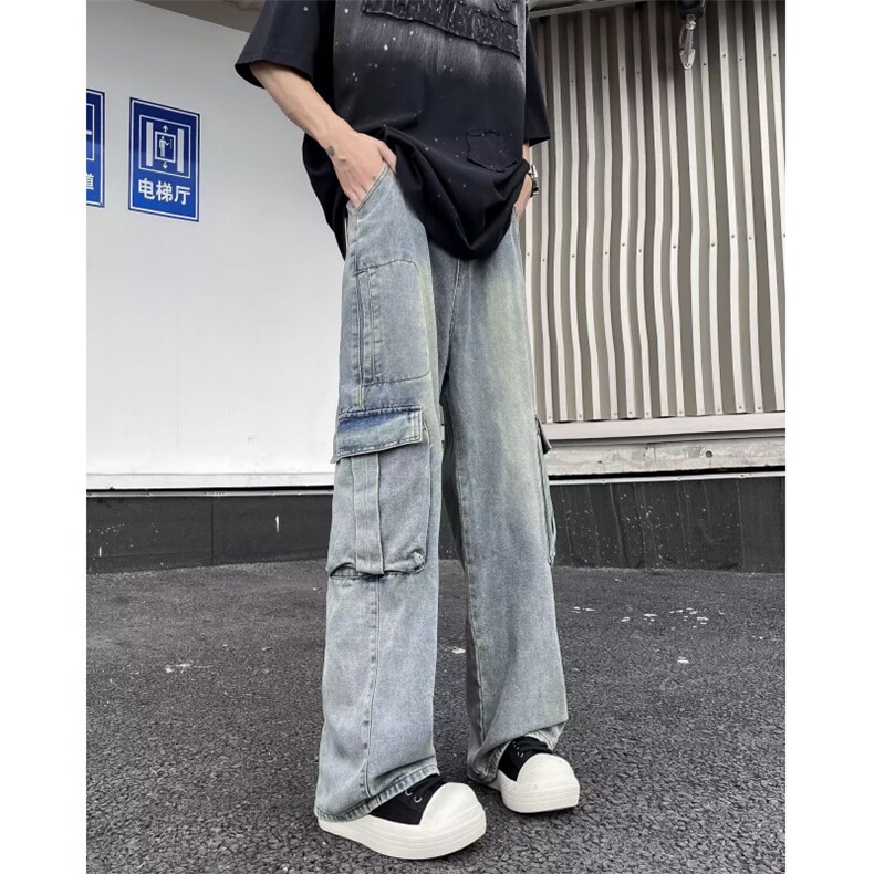 美式高街多口袋工装牛仔裤女潮做旧直筒百搭宽松阔腿裤NU11,男装牛仔裤,星座1116A-1（原606A）