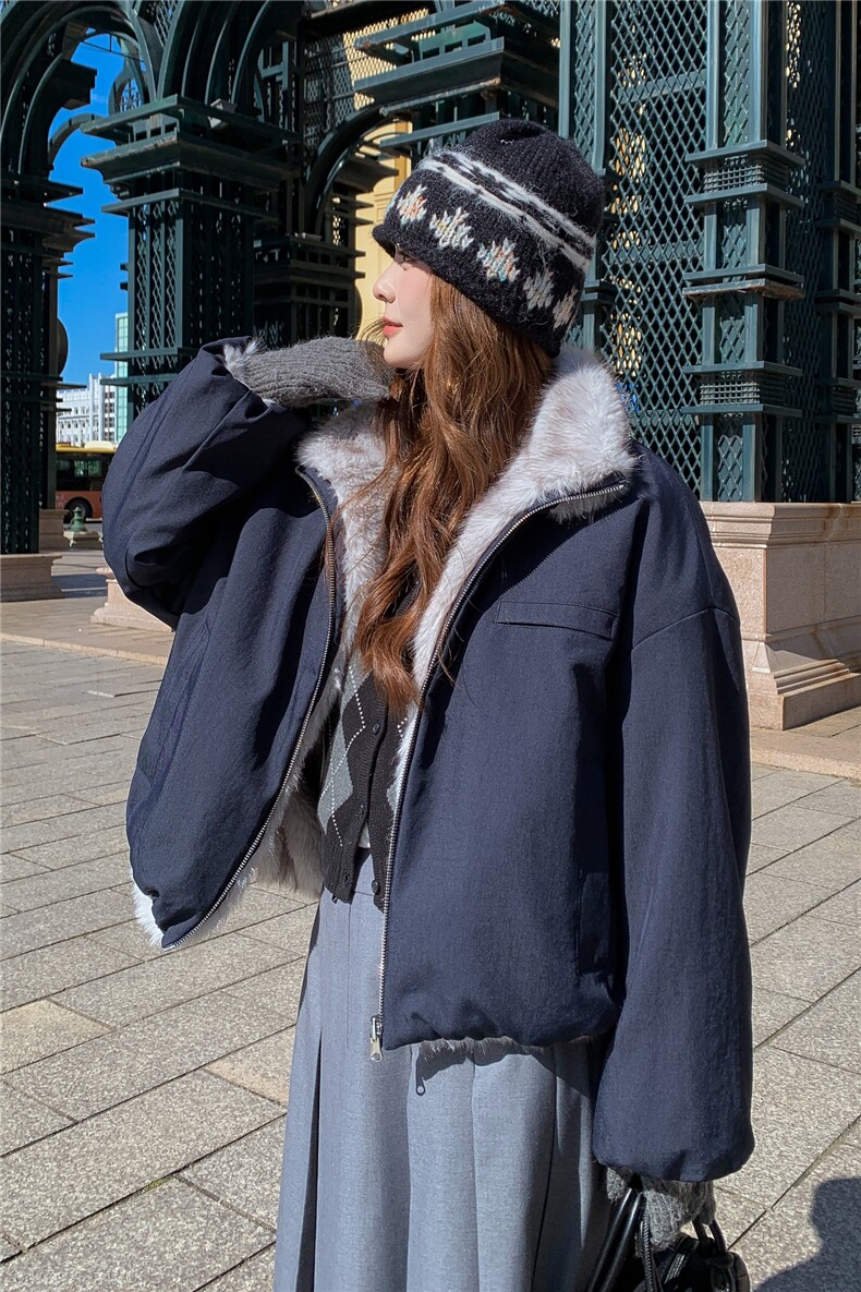 藏青色羊羔毛拼接双面穿棉衣女冬季小个子学院风立领加绒加厚外套,女装棉衣/棉服,2C218