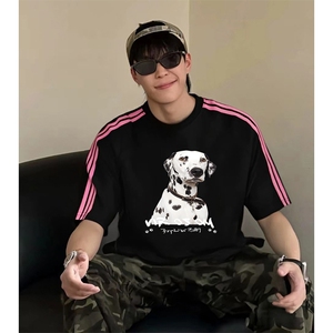 抖音得物品质二开240克宽松纯棉美式潮牌印花三条杠中性风短袖T恤图片