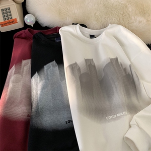 美式酒红色圆领卫衣男女宽松秋冬情侣ins外套潮618A-WY01-p45控58图片