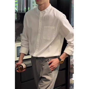 轻熟风立领棉麻衬衫男长袖口袋工装衬衣休闲百搭皱布寸衫 CY12图片