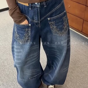 美式复古个性豹纹拼接弯刀牛仔裤女2025年春秋新款宽松显瘦阔腿裤图片