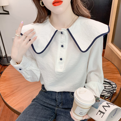 法式复古衬衫女秋装灯笼袖2021新款设计感小众洋气娃娃领长袖上衣,女装衬衫,潮品会