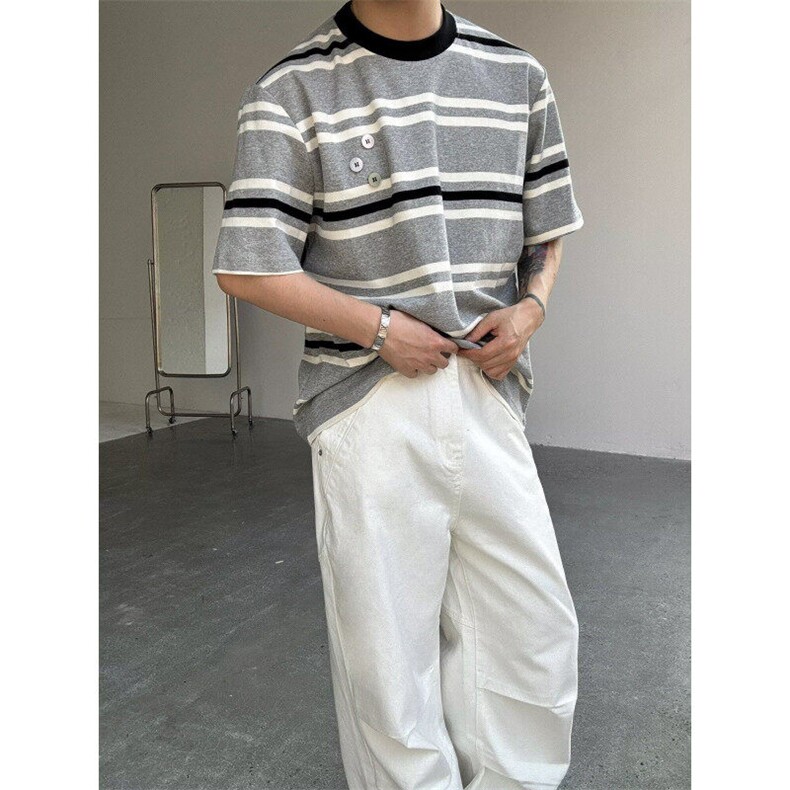 拼色子母扣设计条纹短袖男女简约休闲宽松体恤上衣WLA1655-p41,男装T恤,星座1008
