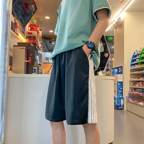 夏季港风撞色直筒沙滩裤休闲男运动条纹短裤D201-DM21-P35图片