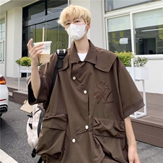 日系复古做旧水洗牛仔衬衫男女夏季新款古着情侣上衣短袖ins，男装衬衫，星座716-4