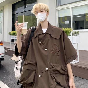 日系复古做旧水洗牛仔衬衫男女夏季新款古着情侣上衣短袖ins图片