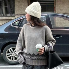 2025年秋季新款百搭女士提花长袖双股加厚保暖圆领羊毛衫，女装羊毛衫，新胜羊绒