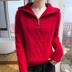 半开领拉链加厚100%纯羊毛衫女菱形扭花针织衫毛衣宽松羊毛衫上衣图片