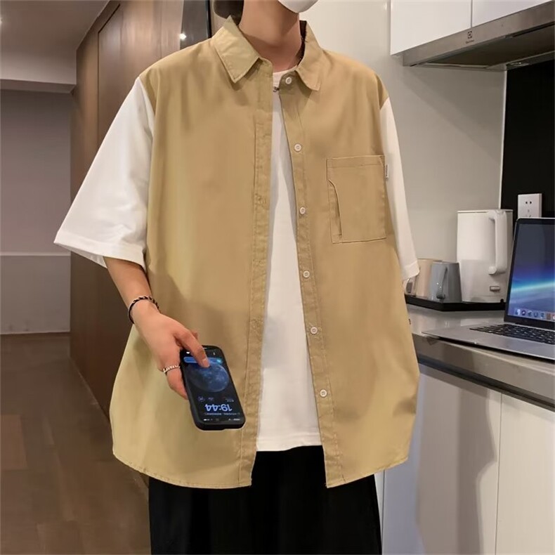 夏季日系男工装短袖衬衫痞帅高级感休闲假两件衬衣五分袖C311-P38图片