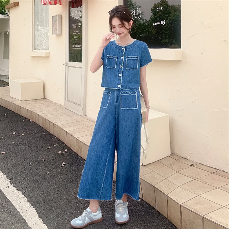 休闲时尚毛边牛仔套装女2025年夏季新款宽松气质减龄阔腿裤两件套,女装套装/套裙,浙宝二楼003号