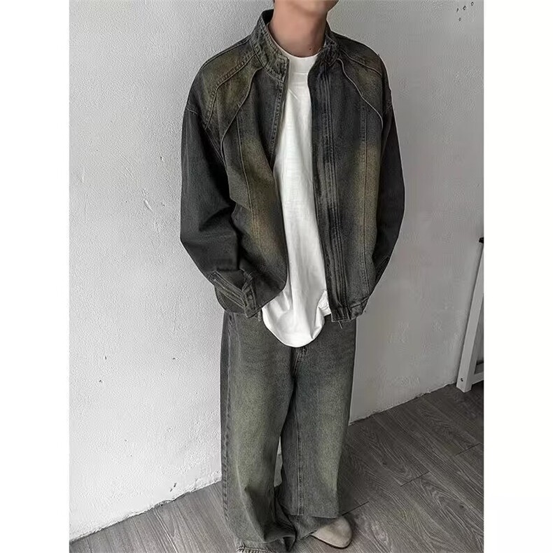 316-P67潮牌美式复古解构拼接牛仔外套男女宽松小众潮流高街夹克,男装工装外套,电商B323A