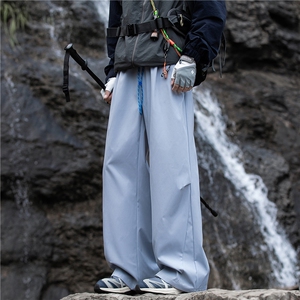 机能风登山裤子男生春秋季褶皱拼接设计潮牌宽松直筒阔腿运动长裤图片