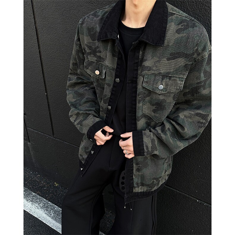 潮牌复古迷彩工装秋季新款2025牛仔外套男拼色夹克-A1894P60控108，男装工装外套，电商B241