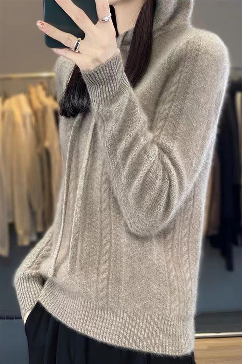 秋冬新款100%纯羊毛衫女纽花纯色连帽卫衣宽松显瘦羊绒针织打底衫,针织衫/毛衣,萱芳婷羊绒