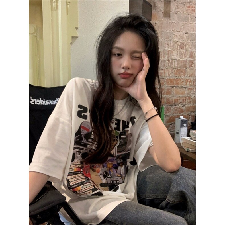 T0757-P25 潮牌情侣T 美式复古人像印花纯棉短袖 男女款上衣图片