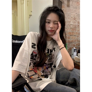 T0757-P25 潮牌情侣T 美式复古人像印花纯棉短袖 男女款上衣图片