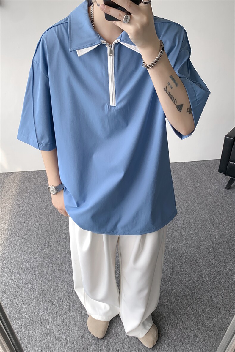 男士夏季冰丝凉感透气短袖衬衫美式青春拼色拼接设计感衬衫T恤,男装衬衫,电商B319