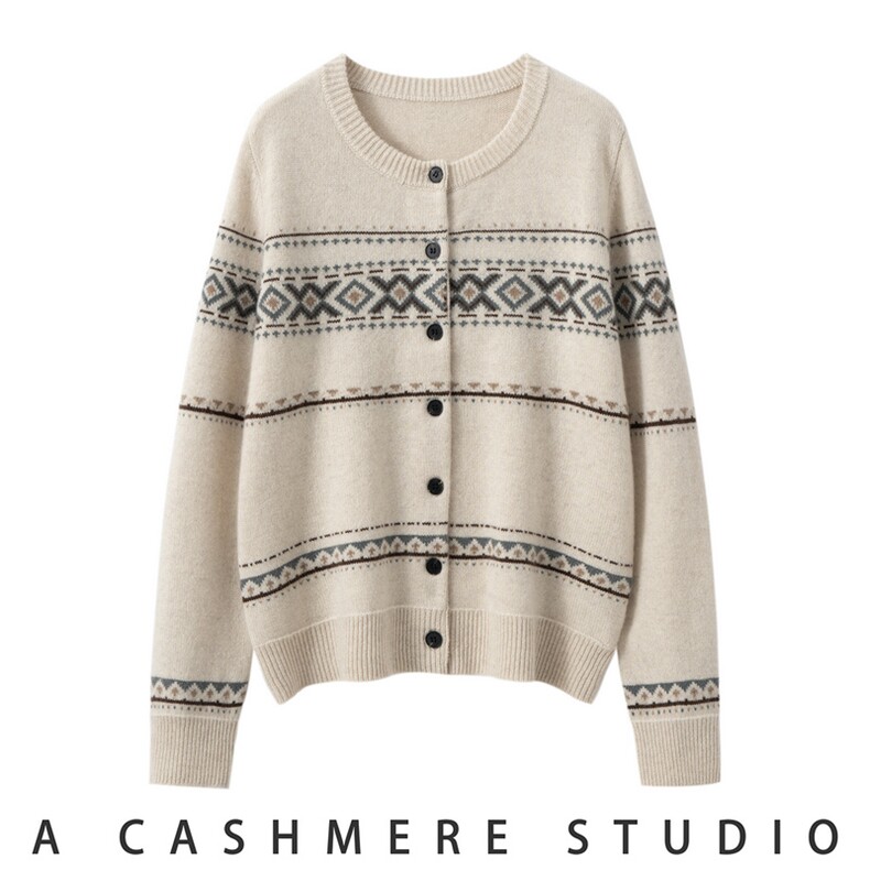 2025年秋季时尚百搭通勤简约休闲提花圆领开衫，女装羊绒衫，朝思纯山羊绒