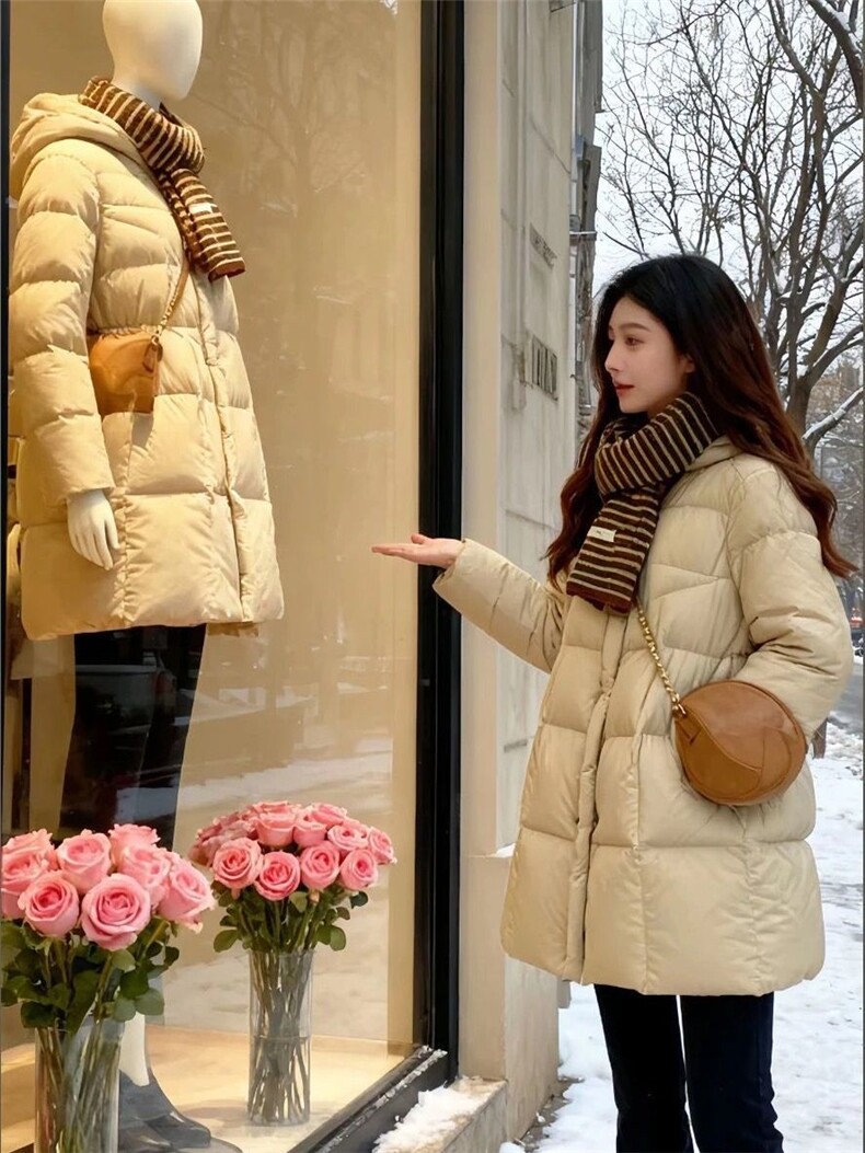 现货防风袖小个子羽绒服女2025冬季新款加厚感保暖白鸭绒中长款,女装羽绒服,依恋蒂丝