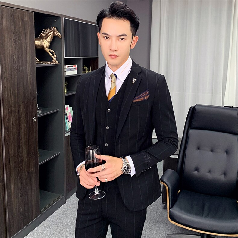 秋冬新款条纹西服套装男三件套西装修身刺绣小西装A470-TZ19,男装西服套装,电商A207