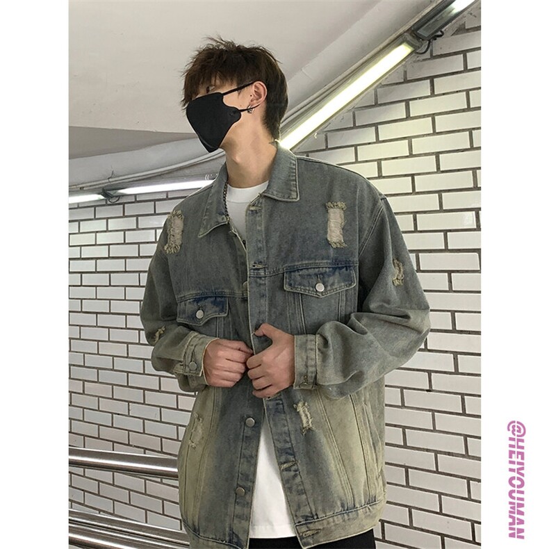 黑色cleanfit破洞牛仔外套男高级感痞帅美式复古高街潮牌工装夹克，男装工装外套，电商A102B