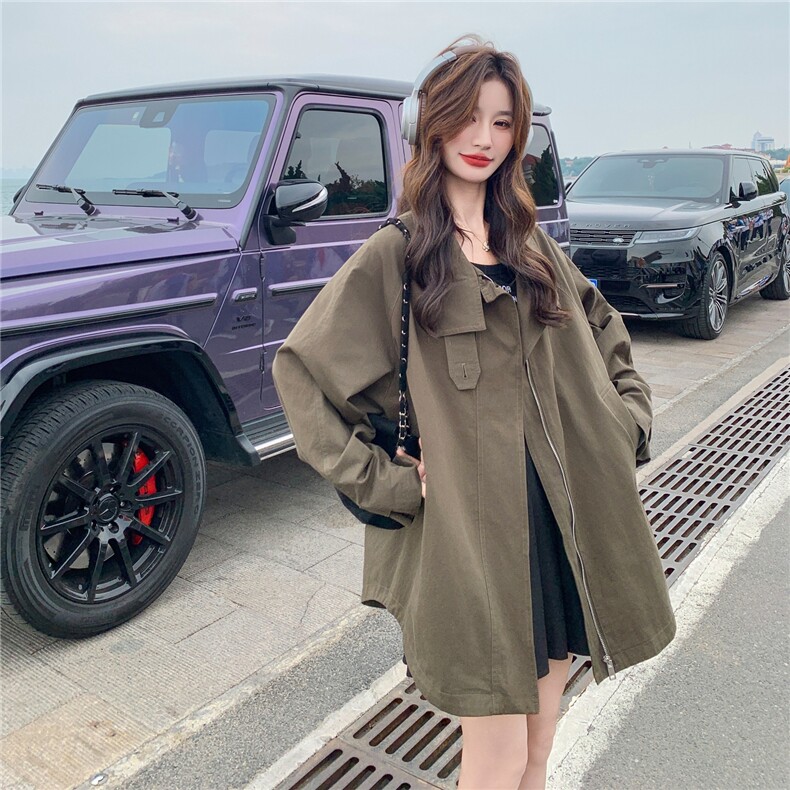 深卡其色工装连帽风衣外套女2025春秋季新款韩版休闲显瘦流行大衣,女装风衣,2C167