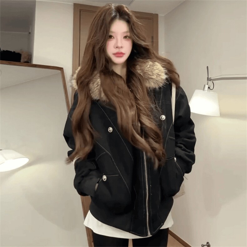 现货重磅boxy短款棉衣座山雕大毛毛领男女棉服水洗工装厚外套，男装棉衣，电商A443