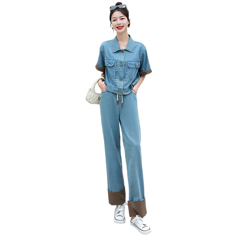 2023夏装新款洋气时尚修身松紧腰牛仔套装撞色甜酷两件套,女装套装/套裙,冬木谷雨