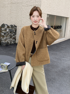 咖色小香风两面穿双面呢羊毛外套女秋冬2025新款设计超火气质大衣图片