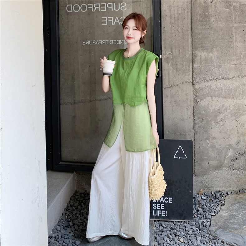 2025夏季新款韩版时尚气质百搭显瘦无袖背心女宽松休闲阔腿裤套装,女装套装/套裙,2B219