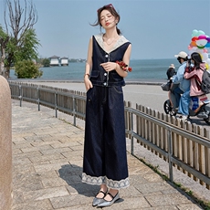 轻熟风韩系薄款蕾丝拼接连帽牛仔马甲套装女夏新款休闲长裤两件套，女装套装/套裙，时尚风爆