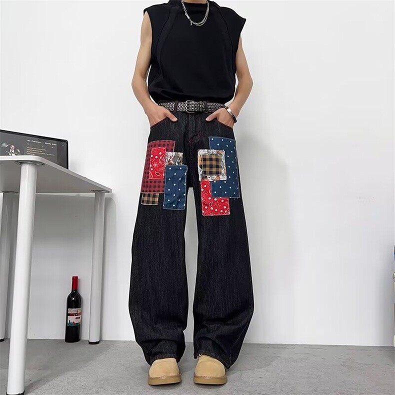 乞丐版牛仔裤男女韩版潮流高街帅气拼色2025夏季长裤RK2771-P58，男装牛仔裤，星座412-3